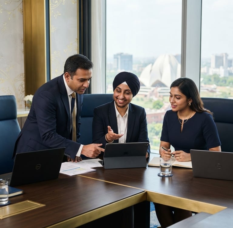 A medium-wide portrait shot of three corporate professionals collaborating in a modern New Delhi high-rise boardroom, bright natural window light, deep navy and gold accents, shallow depth of field, 35mm.