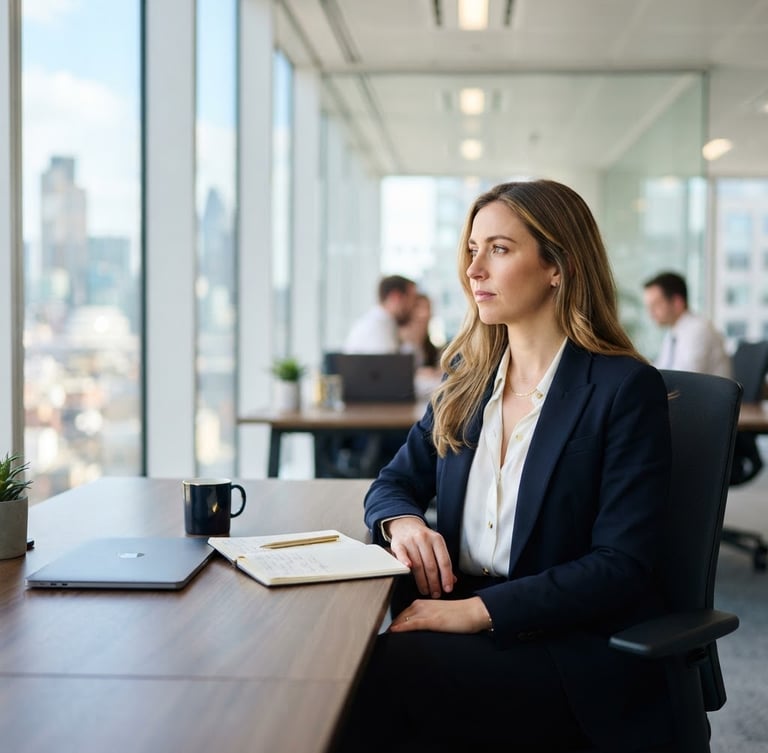 A sharp, modern corporate office interior with bright natural window light, a focused professional sitting at a clean desk looking thoughtfully towards the side, shallow depth of field, 35mm