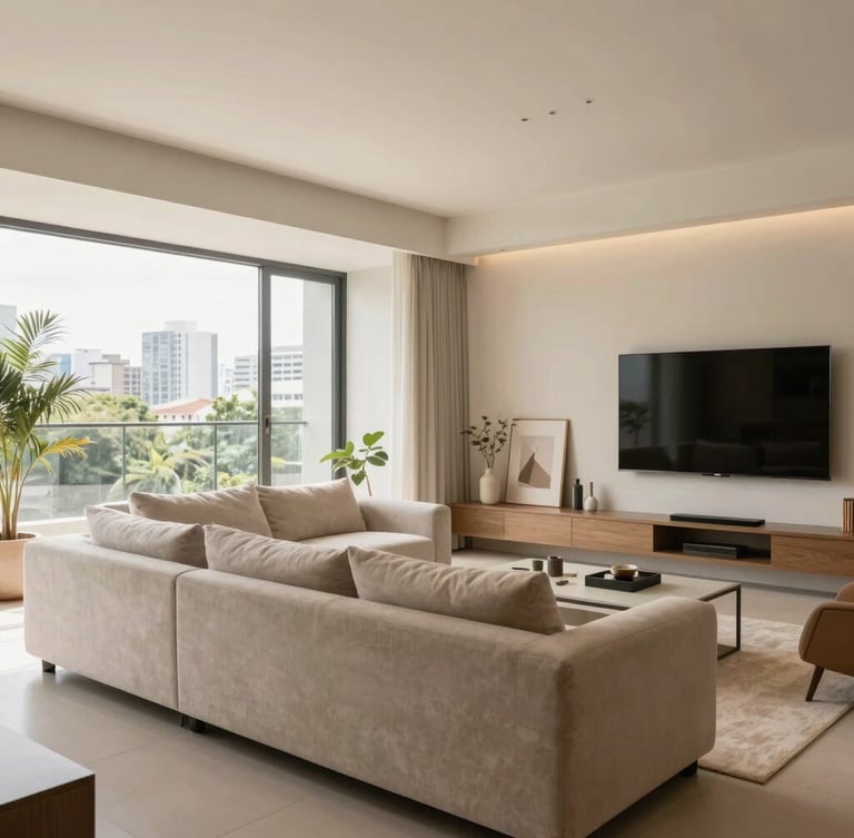 Bright architectural photography of a modern high-end residential living room in São Paulo, soft natural daylight, warm neutral tones, clean lines, 35mm