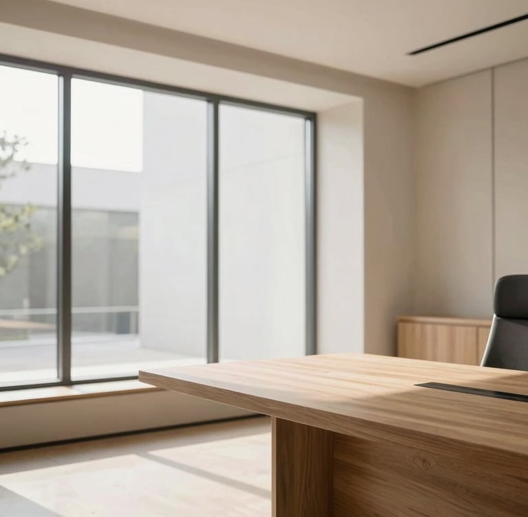 Elegant interior of a modern real estate office, soft natural light through large windows, minimalist wooden table, warm sand tones, architectural lines