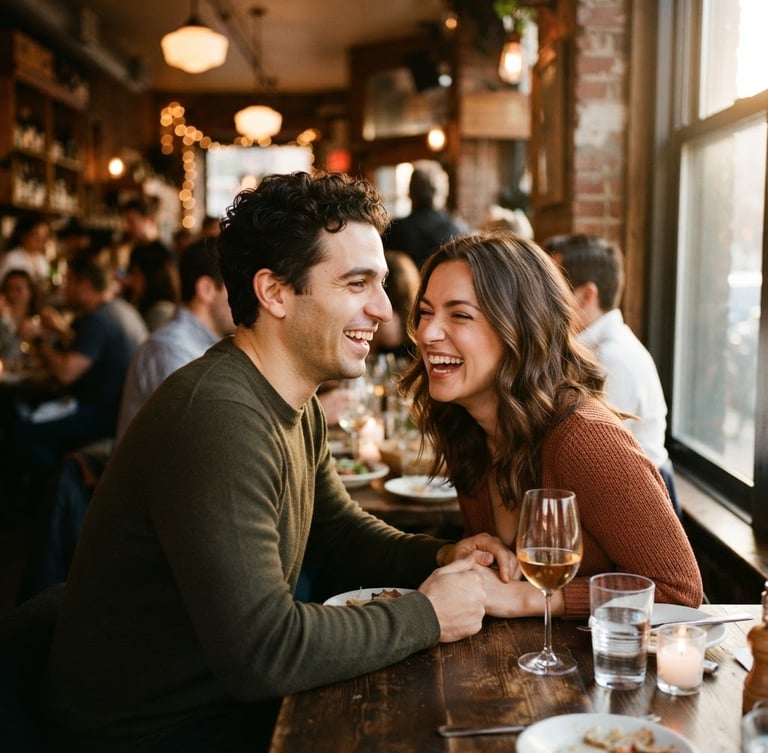 Close-up environmental portrait of a couple laughing together in a warm, low-key lit Brooklyn restaurant, golden hour light catching their faces, 35mm editorial style