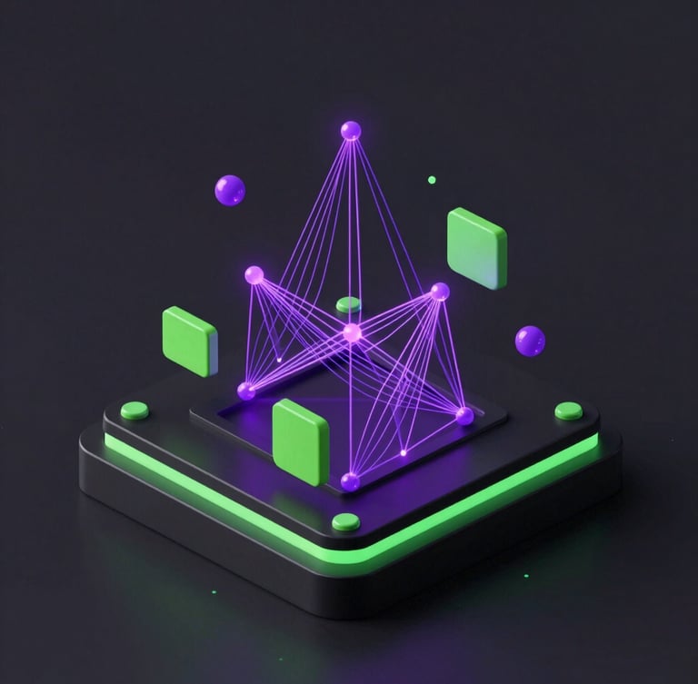 sleek 3d render, dark mode, neon purple and green accents, high-tech abstract geometry, isometric, octane render showing glowing network nodes and data streams