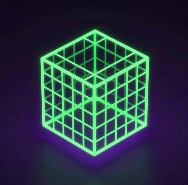 Sleek 3D render of a glowing green wireframe cube floating in a dark obsidian space, neon purple backlighting, isometric angle, octane render