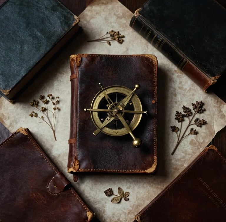 Overhead flat-lay of antique leather-bound books, a brass astrolabe, and dried botanical specimens on heavy parchment, dramatic chiaroscuro lighting, deep charcoal tones, 35mm film