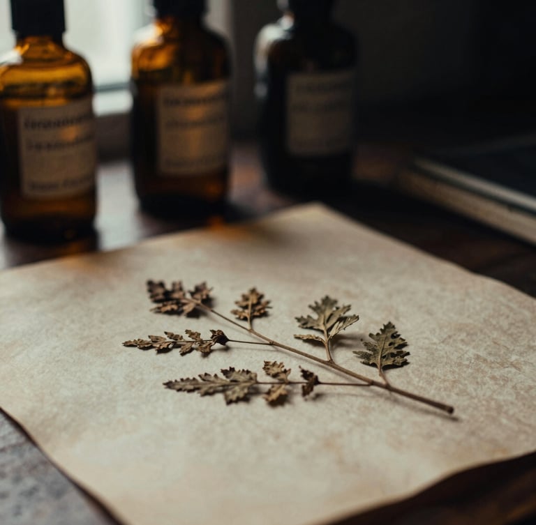 Macro close-up of dried botanical specimens on heavy aged parchment, dark glass apothecary jars in the background, dramatic low-key window lighting, 35mm film