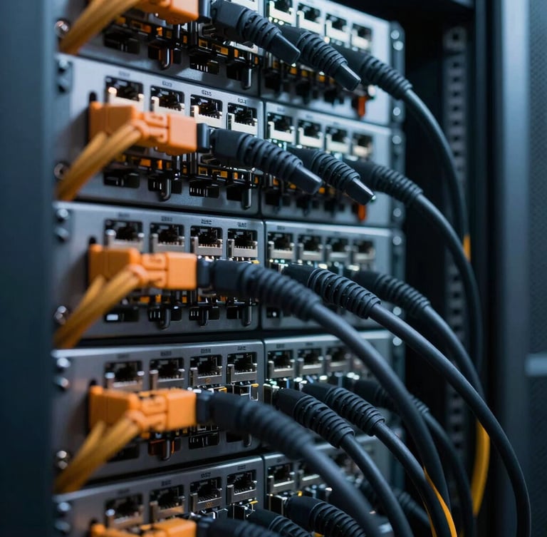 Sharp architectural angle of a server rack with meticulously organized black and orange ethernet cabling under cool ambient lighting, macro lens.