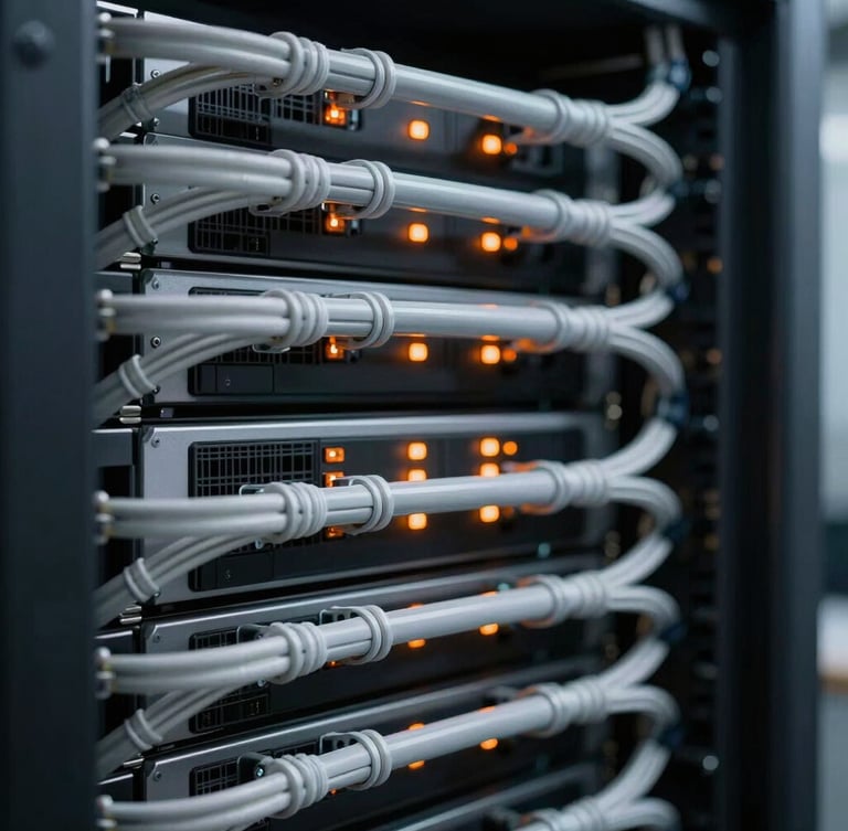 Close-up of a modern server rack in Hammelburg, clean cable management with orange status LEDs, high contrast, technical atmosphere.