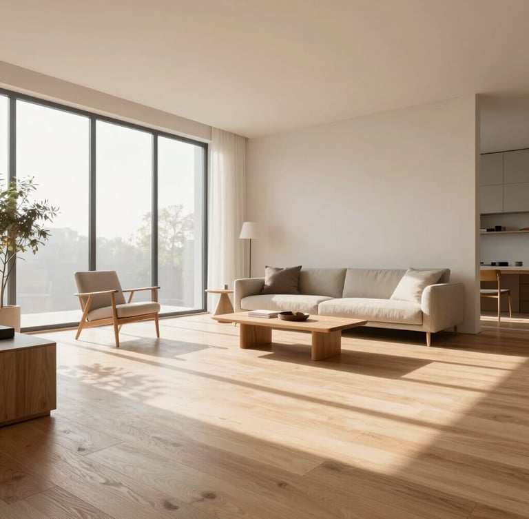 Eye-level architectural rendering of a bright, sunlit modern living room with light oak wood floors, minimalist Scandinavian furniture, and a large window showing soft morning light.