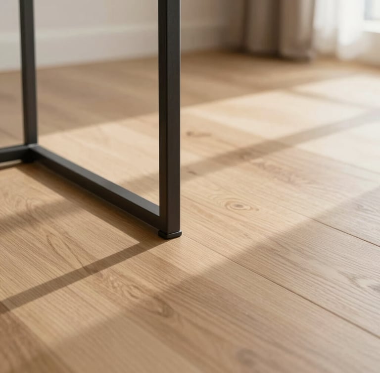 Close-up of high-quality oak wood flooring and matte charcoal metal fixtures in a bright, sunlit apartment interior, warm morning light casting soft shadows, Scandinavian design style.
