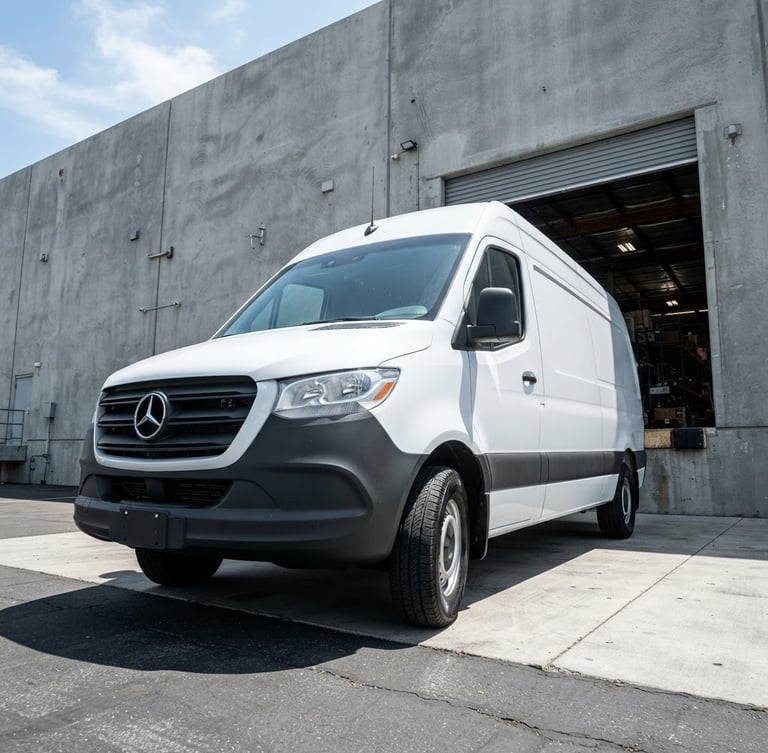 Low-angle commercial shot of a clean white cargo van parked outside a modern grey concrete warehouse bay under bright midday sun.