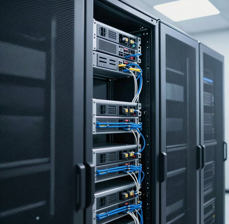Professional shot of a clean server rack in a modern data center, bathed in bright, crisp white studio lighting, with organized structured cabling visible. Focus on the precision and order.
