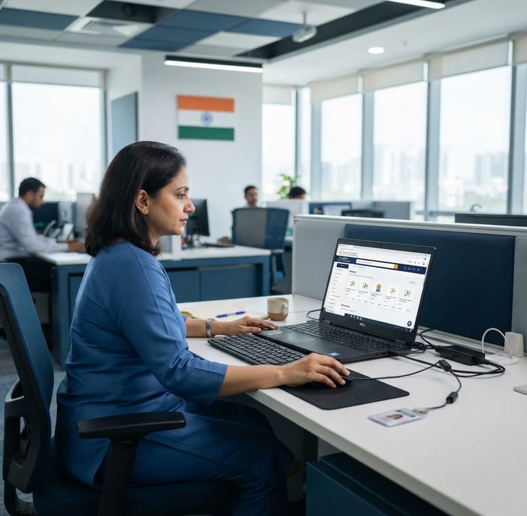 Professional government office interior, clean desks, a laptop displaying the GeM portal interface, with a subtle Indian flag in the background, bright clean daylight, crisp corporate photography
