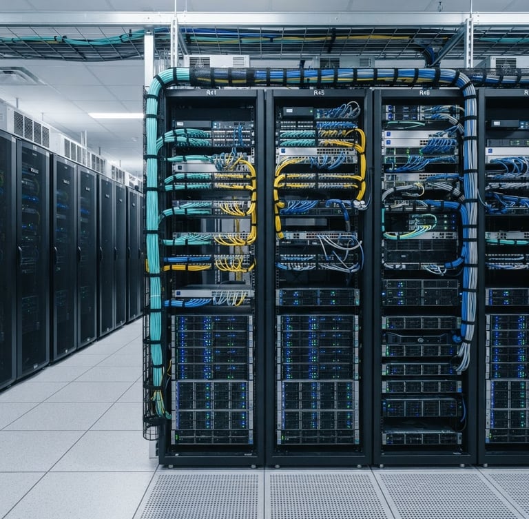 Clean, straight-on photograph of structured server racks with organized cabling in a modern data center, bright clean daylight, deep blues and cool grays, sharp focus, professional technical environment, 35mm.