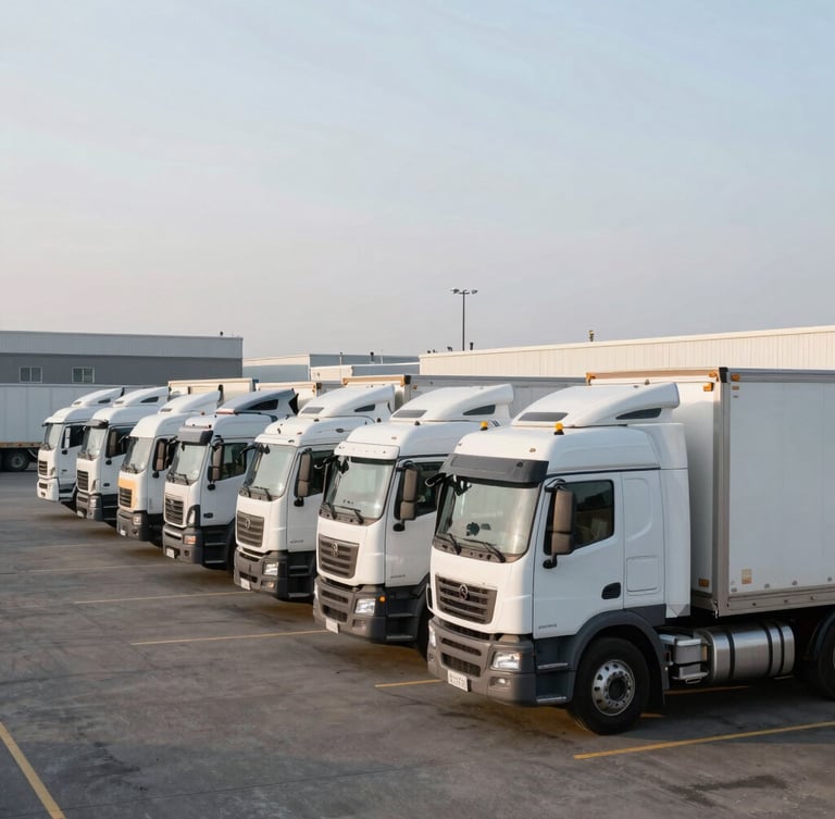Wide-angle fleet lineup of commercial sleeper trucks and dry van trailers parked in an active logistics yard, crisp morning light, sharp focus