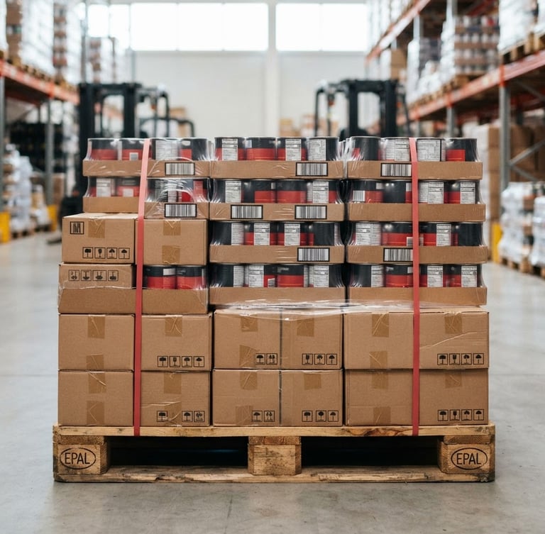 Close-up of industrial wooden pallets stacked with wholesale canned goods and professional food packaging, sharp focus, clean warehouse setting, direct daylight, red accents.
