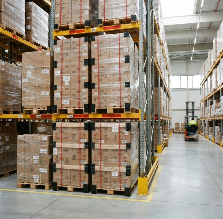 Clean industrial photography of stacked pallets in a clean, modern warehouse, bright daylight, high-contrast red accents, sharp focus, 35mm