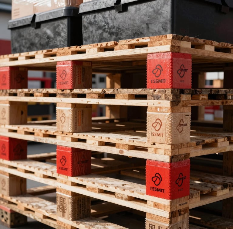 Close-up of clean wooden pallets stacked with professional catering food boxes inside a modern distribution warehouse, sharp focus, high-contrast, 35mm