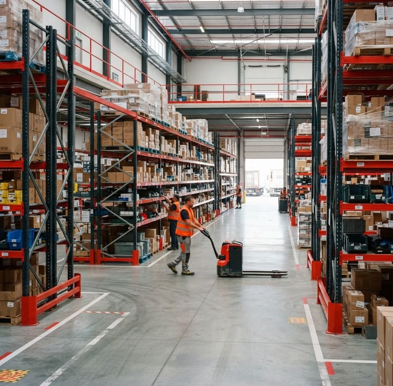 Modern B2B distribution warehouse interior, clean concrete floor, organized industrial shelving, bright daylight, high-contrast red accents, sharp focus, 35mm