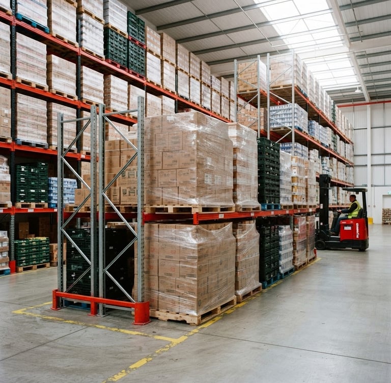 Industrial clean photography of stacked food pallets in a modern high-contrast warehouse, bright daylight, red accents, sharp focus, 35mm