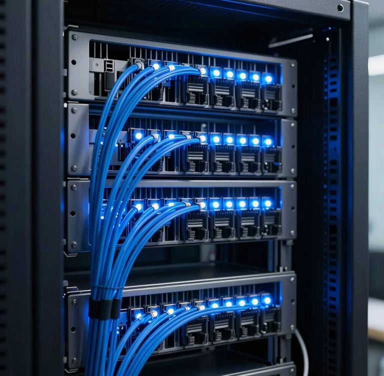 Cool-toned editorial photography of a server rack with glowing electric blue LED cables, high contrast, crisp details, 35mm