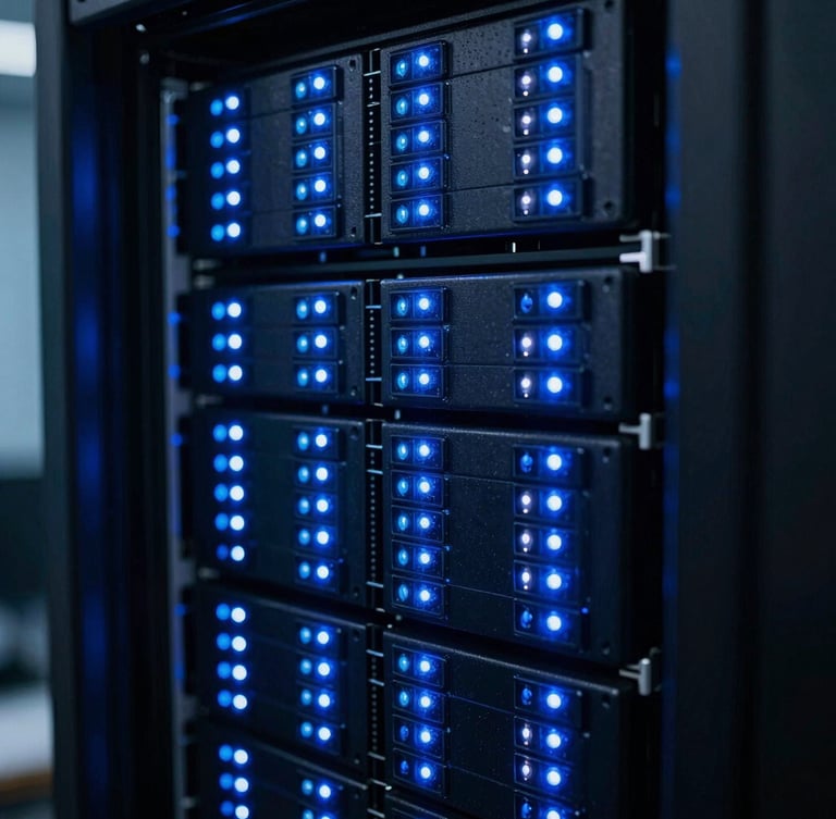 Macro shot of physical server racks with glowing electric blue LED indicator lights, high contrast, cool-toned editorial, 35mm