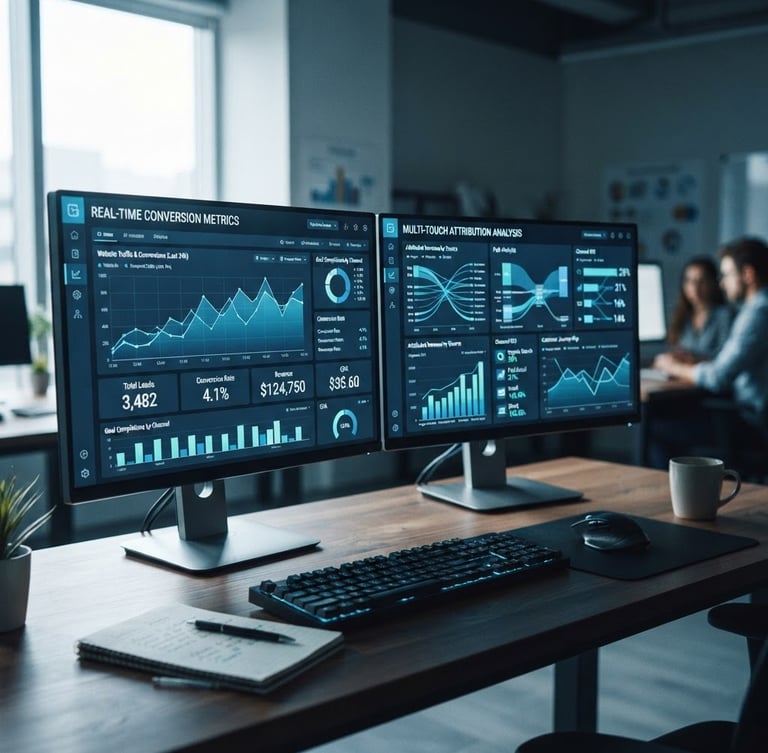 Cool-toned editorial photography of a high-fidelity marketing dashboard on a dual-monitor setup, displaying real-time attribution graphs and conversion metrics, sharp office ambient light, electric blue accents, 35mm