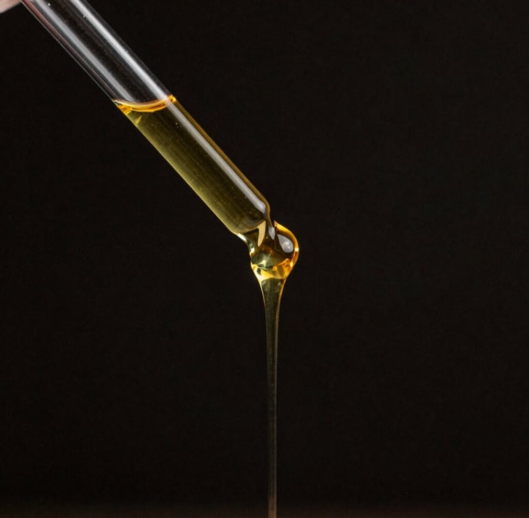 Macro photography of golden translucent cacao mucilage liquid dripping from a glass pipette, dark obsidian background, dramatic single-source chiaroscuro lighting, 35mm film texture