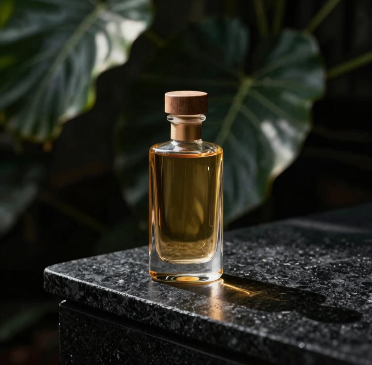 Minimalist glass bottle styled like a luxury spirit containing golden elixir, placed on a dark obsidian stone table, soft natural sunlight filtering through tropical leaves in the background, moody editorial photography.