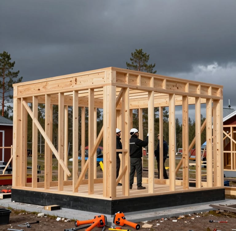 A professional wide shot of a timber house frame being precisely erected by specialists in a Northern European / Finnish landscape. The light-colored wood contrasts against a deep charcoal sky. Bright orange professional tools are placed neatly in the foreground. The composition is balanced and conveys high-quality workmanship.