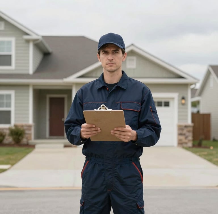 Straight-on eye-level medium shot of a contractor in clean navy workwear holding a clipboard outside a vacant suburban home, overcast daylight