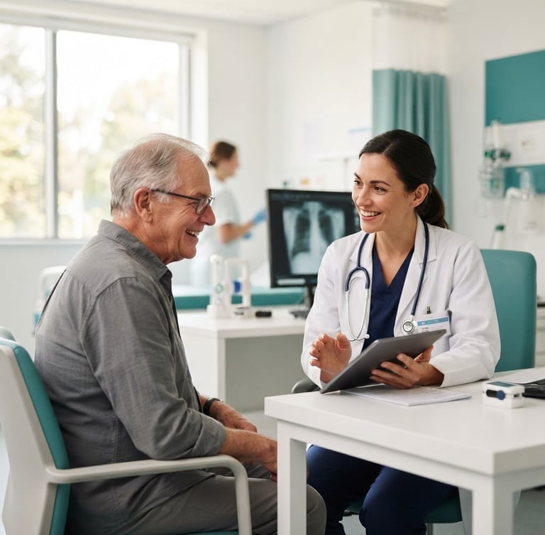 Professional pulmonologist consulting with a patient in a bright, modern hospital, natural daylight, soft high-key clinical lighting, clean white and teal tones, shallow depth of field. Patient is smiling, doctor is reassuring.