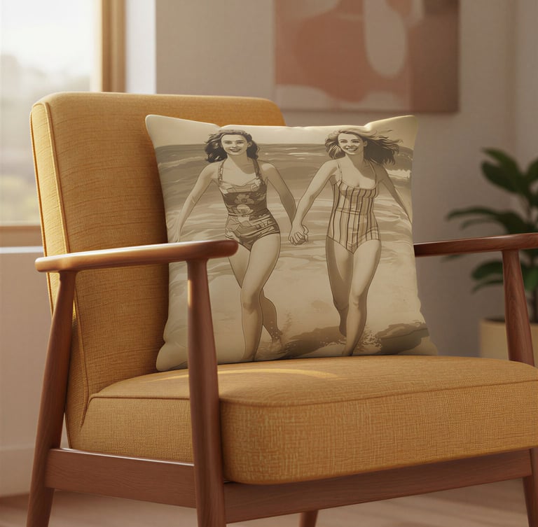 Retro throw pillow with vintage beach design on a yellow armchair.