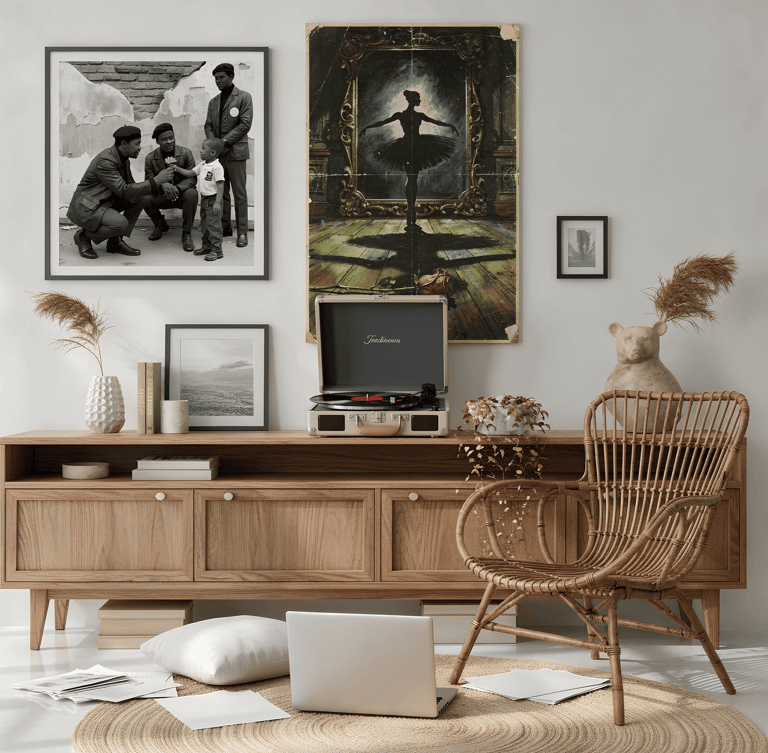 Artist workspace with laptop, vintage record player, and framed retro posters.