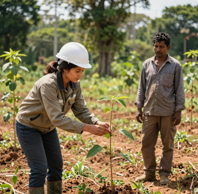 A professional female forest engineer in field gear showing a young native seedling to a local farmer in a sunny agroforestry field, natural daylight, 35mm lens, authentic documentary style.