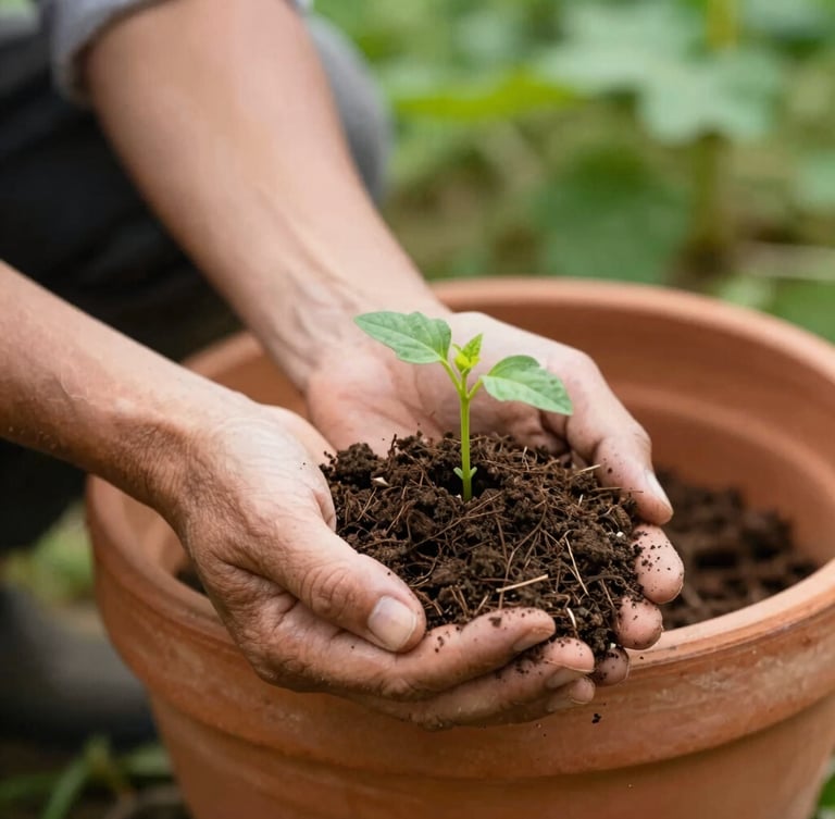 Close-up of a family farmer's hands holding a rich soil mixture with a small native seedling, warm clay pot background, natural daylight, authentic documentary style.
