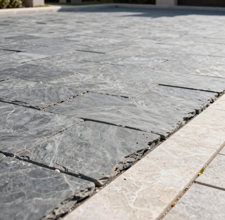 Low-angle architectural shot of a completed slate-gray interlock driveway, sharp linear stone joints, bright morning sunlight casting crisp shadows, clean limestone border.