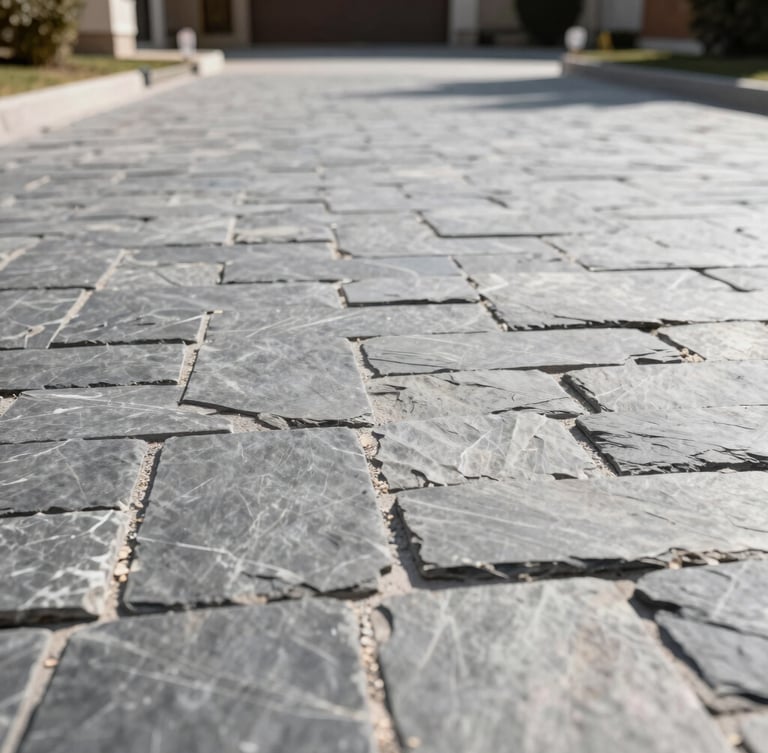 Low-angle architectural shot of a newly completed interlock driveway, sharp slate gray stones, bright morning sunlight casting crisp shadows along polymeric sand joints.