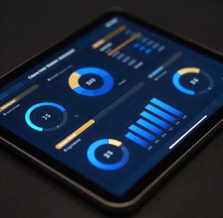 Sleek dark-mode tech photography, macro shot of a tablet displaying a clean business intelligence dashboard with glowing royal blue metrics and gold accents, moody low-key lighting, 35mm
