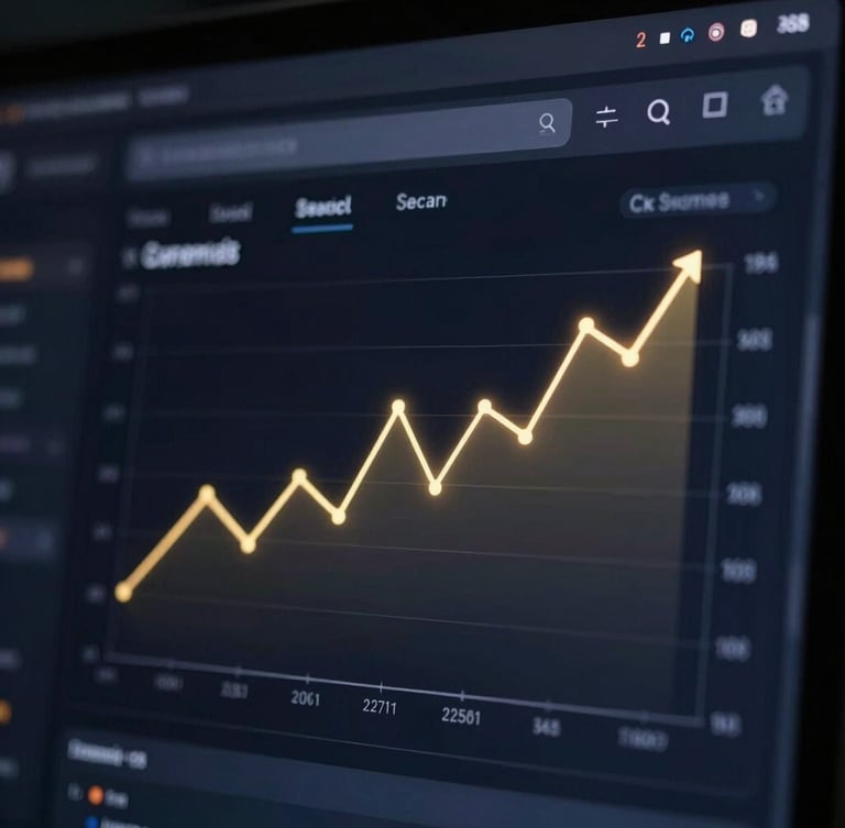Sleek dark-mode dashboard displaying local search analytics, glowing gold line charts rising sharply against a deep obsidian background