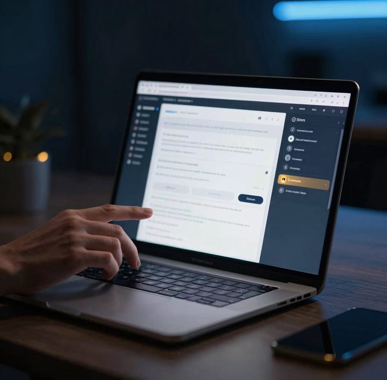 Focused local business owner interacting with a clean software interface on a laptop, moody low-key ambient lighting, sharp blue and gold neon accent glows, 35mm
