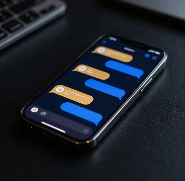 Sleek dark-mode smartphone mockup on a polished black desk, displaying an automated SMS text conversation with gold and royal blue message bubbles, moody low-key lighting, macro focus, 35mm