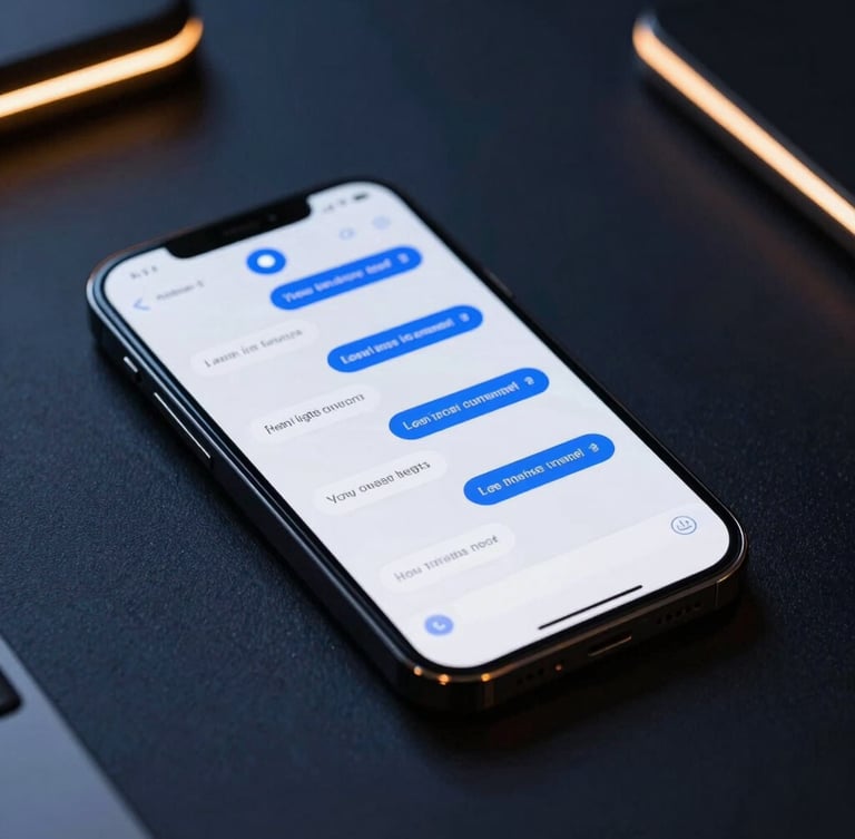 Sleek modern smartphone on a dark obsidian desk showing a real-time automated text message conversation with a local customer, glowing blue notification light, macro focus