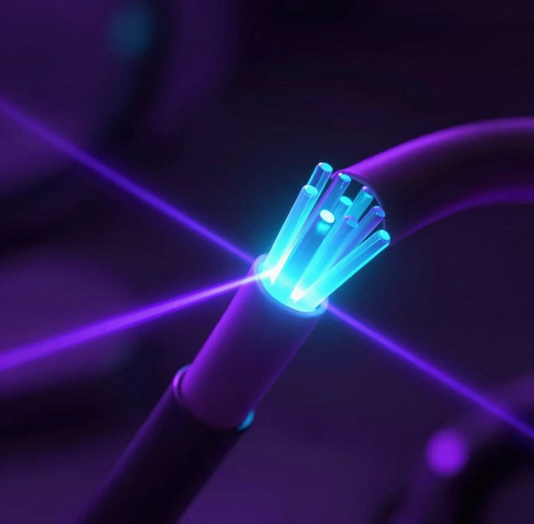 Macro close-up of optical fiber cables glowing with intense cyan and purple laser light, dark futuristic atmosphere, shallow depth of field, octane render