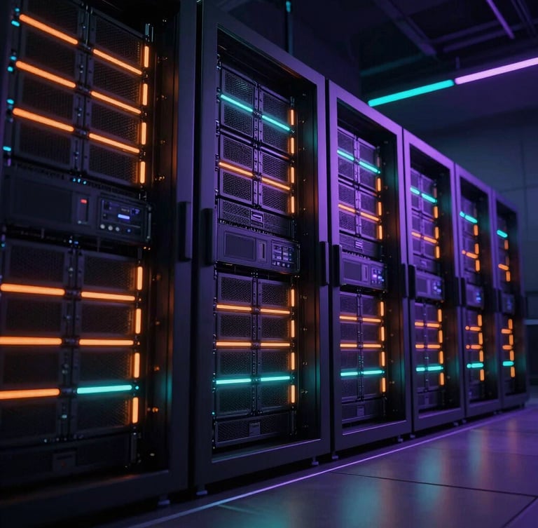 Wide architectural perspective of a high-security server room, server racks illuminated by sharp hot orange and cyan LED lines, low-key lighting, deep shadows, octane render.