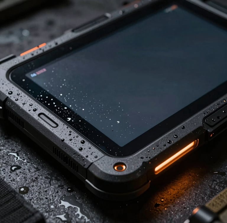 Macro shot of a rugged tactical tablet with reinforced corners, splashed with water, glowing 1000-nit screen, high-contrast dark charcoal and tactical orange lighting, 35mm