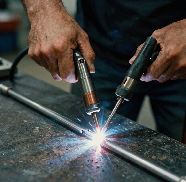 Moody close-up of a builder's hands adjusting a TIG torch over a clean aluminum weld, harsh side-lighting, raw metallic tones, 35mm film grain.