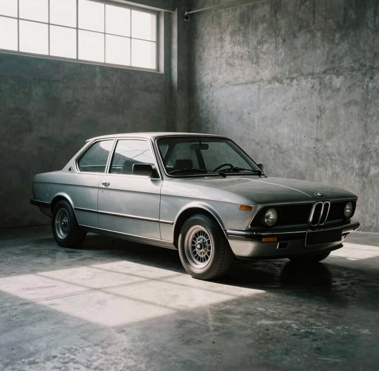 A clean, restored vintage BMW E21 chassis sitting in a minimalist concrete workshop, dramatic shadows, soft overcast light cutting through a high window, desaturated metallic tones.