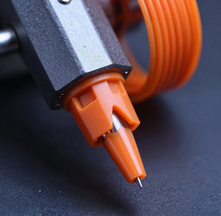 Macro shot of a 3D printing nozzle extruding orange filament, sharp technical lighting, deep slate background, shallow depth of field