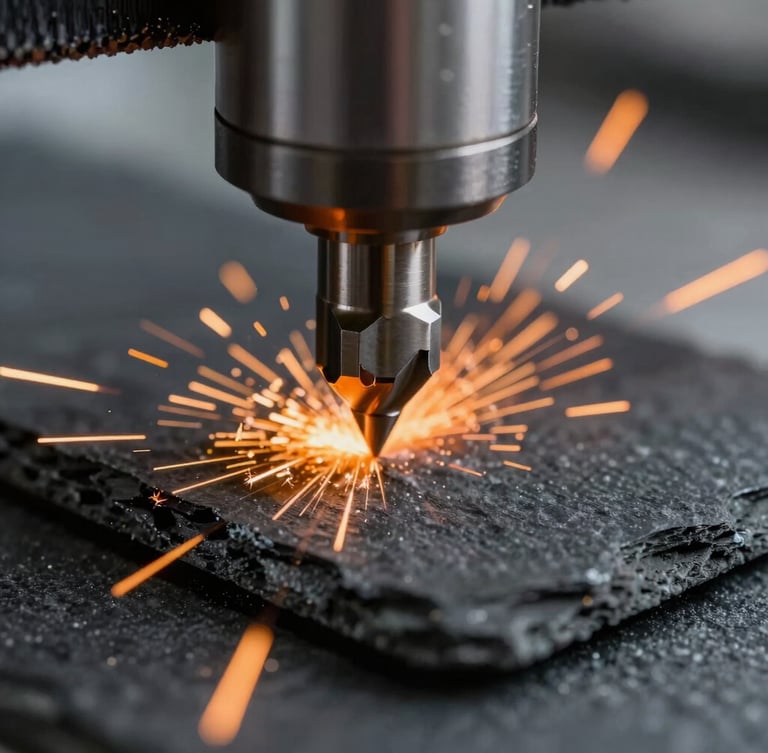 Macro close-up of a CNC router bit cutting through a block of dark slate-colored composite material, orange sparks, sharp focus, industrial depth of field
