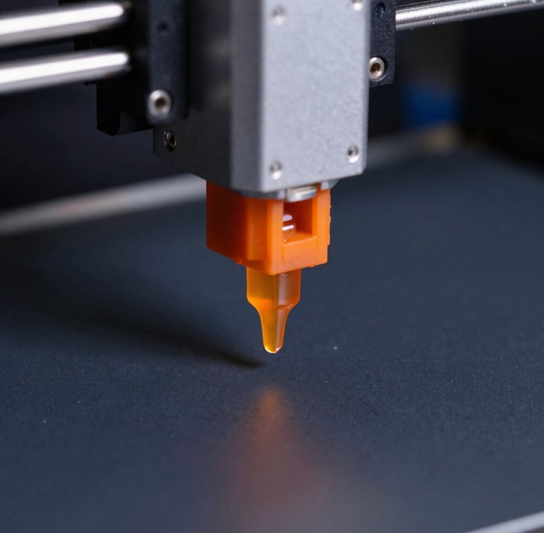 A high-contrast technical shot of a 3D printer nozzle extruding orange resin, sharp shadows, deep slate background, macro depth of field.